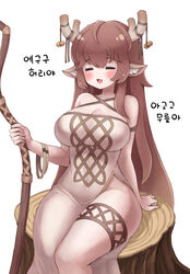  =_= animal_ears antlers breasts cleavage closed_eyes deer_ears deer_girl diana_(trickcal) dress female highres horns korean_commentary large_breasts long_dress long_hair poorgom side_slit smile solo staff trickcal 