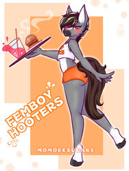  3:4 abstract_background anthro belly blush bottomwear brown_eyes brown_hair clothing crop_top dallas_prairiewind english_text equid equine femboy femboy_hooters food_tray fur grey_body grey_fur hair hi_res hooters_uniform horse hotpants looking_at_viewer looking_back male mammal markings momodesugart rear_view shirt shorts solo tank_top text text_on_clothing text_on_shirt text_on_tank_top text_on_topwear topwear white_belly white_markings 