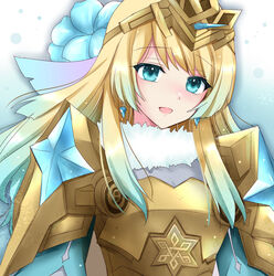  alternate_hair_length alternate_hairstyle armor blonde_hair blue_dress blue_eyes blue_flower blue_hair breastplate commentary dress earrings female fire_emblem fire_emblem_heroes fjorm_(fire_emblem) fjorm_(ice_ascendant)_(fire_emblem) flower fur_collar fur_trim gradient_hair hair_between_eyes hair_flower hair_ornament jewelry kirishima_riona long_hair long_sleeves looking_at_viewer multicolored_hair open_mouth shoulder_armor sidelocks smile solo tiara tongue two-tone_hair upper_body very_long_hair 