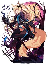  animal_ears arknights bat_(animal) blemishine_(arknights) blemishine_(moon_catastrborn)_(arknights) blonde_hair boots female fence full_moon highres horse_ears horse_girl horse_tail long_hair moon official_alternate_costume one_eye_closed ponytail smile sword tail thigh_boots thighhighs vegetable_noda weapon yellow_eyes 