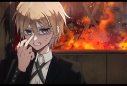  1boy adjusting_eyewear black_jacket burning clenched_teeth collared_shirt commentary danganronpa:_trigger_happy_havoc danganronpa_(series) dress_shirt glasses grey-framed_eyewear hair_between_eyes hand_up jacket letterboxed long_sleeves male_focus mikao_(eanv5385) semi-rimless_eyewear shirt short_hair solo sweat teeth togami_byakuya upper_body 