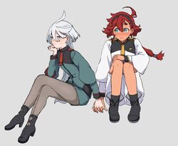  2girls ahoge asticassia_school_uniform back-seamed_legwear black_footwear black_hairband black_pantyhose blue_eyes blush boots crossed_legs front-seamed_legwear green_shorts grey_background grey_eyes grey_hair gundam gundam_suisei_no_majo hair_between_eyes hairband high_heel_boots high_heels highres holding_hands knees_to_chest long_hair low_ponytail miorine_rembran multiple_girls pantyhose pantyhose_under_shorts red_hair school_uniform seamed_legwear shirt shorts shoulder_boards suletta_mercury sweatdrop swept_bangs takatisakana thick_eyebrows white_hair white_shirt yuri 