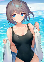  ainy artist_name bare_shoulders black_one-piece_swimsuit blue_eyes blush breasts chest_tattoo cleavage collarbone commentary_request female grey_hair highres looking_at_viewer medium_breasts one-piece_swimsuit original parted_lips photoshop_(medium) short_hair solo star_tattoo swimsuit tattoo twitter_username upper_body water 