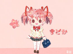  abstract argyle arms_at_sides bag black_skirt blouse blush_stickers brown_footwear character_name chibi commentary_request eyelashes female flat_chest full_body hair_ribbon happy heart heart_print high_collar holding holding_bag juliet_sleeves kaname_madoka kikuchi_milo legs_together loafers long_sleeves looking_at_viewer mahou_shoujo_madoka_magica mahou_shoujo_madoka_magica_(anime) mitakihara_school_uniform neck_ribbon no_nose open_mouth pink_background pink_hair plaid plaid_skirt pleated_skirt puffy_sleeves red_ribbon ribbon school_bag school_uniform shadow shirt shoes short_twintails shoulder_bag sidelocks simple_background skirt smile solid_oval_eyes solo sparkle sparkle_print standing star_(symbol) star_print starry_background stitches striped thighhighs triangle_print twintails two-tone_background white_thighhighs zettai_ryouiki 