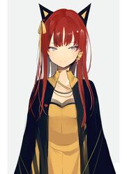  animal_ears black_jacket blue_eyes blush cat_ears closed_mouth commentary dress female grey_background hair_ribbon heart jacket looking_at_viewer lpip open_clothes open_jacket original red_hair ribbon simple_background smile solo symbol-only_commentary upper_body yellow_dress yellow_ribbon 