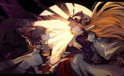  2girls :/ absurdres bare_shoulders blonde_hair blush bow brown_hair closed_mouth detached_sleeves dress erty113 facing_another folded_fan folding_fan frilled_bow frills gap_(touhou) gohei hair_ribbon hairbow hakurei_reimu hand_fan hat highres holding holding_fan holding_gohei long_dress long_hair long_sleeves looking_at_another mob_cap multiple_girls purple_tabard red_eyes red_ribbon red_skirt red_vest ribbon ribbon-trimmed_sleeves ribbon_trim short_hair skirt skirt_set smile sweatdrop tabard talisman touhou very_long_hair vest white_dress white_headwear wide_sleeves yakumo_yukari yellow_eyes 