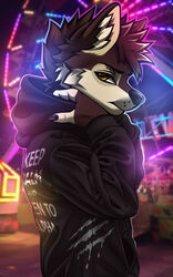  5:8 amusement_ride anthro black_clothing black_hoodie black_nose black_topwear blurred_background canid canine canis cheek_tuft clawed_fingers claws clothed clothing digital_media_(artwork) dorberart07 english_text facial_tuft ferris_wheel fur hair half-length_portrait hi_res hoodie inner_ear_fluff keep_calm_and_carry_on lights looking_at_viewer looking_back male mammal mouth_closed multicolored_body multicolored_fur neon_lights night outside portrait sky solo text topwear tuft two_tone_body two_tone_fur unsigned wolf yellow_eyes 