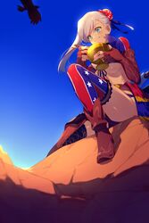  american_flag american_flag_bikini american_flag_print asymmetrical_hair bikini bird blue_eyes blue_ribbon blue_sky blush boots breasts brown_gloves bun_cover echo_(circa) elbow_gloves fate/grand_order fate_(series) female fingerless_gloves flag_print gloves hair_bun holy_grail_(fate) large_breasts long_hair long_sleeves miyamoto_musashi_(fate) miyamoto_musashi_(swimsuit_berserker)_(fate) miyamoto_musashi_(swimsuit_berserker)_(second_ascension)_(fate) pink_hair print_bikini ribbon shrug_(clothing) single_hair_bun single_side_bun single_thigh_boot sitting sky smile swept_bangs swimsuit thigh_boots thighhighs 