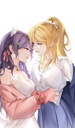  2girls animal_ear_piercing animal_ears ayase_eli bare_shoulders bell blonde_hair blue_eyes braid breasts cat_ears choker cleavage commentary_request cowboy_shot dress dress_shirt eye_contact french_braid hair_ornament hair_scrunchie hairclip height_difference highres hug jacket k.jhitsugi large_breasts lips long_hair looking_at_another love_live! love_live!_school_idol_project multiple_girls neck_bell open_clothes open_jacket paid_reward_available pink_choker pink_jacket ponytail scrunchie shirt side_braid sidelocks simple_background tojo_nozomi waist_hug white_background white_dress white_scrunchie white_shirt yuri 