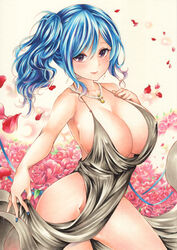  azur_lane blue_hair blue_nails breasts commentary dress earrings evening_gown female flower grey_dress hair_between_eyes highres huge_breasts jewelry large_breasts looking_at_viewer marker_(medium) medium_hair necklace no_bra no_panties official_alternate_costume petals purple_eyes rose rose_petals saya_pr side_ponytail sidelocks smile solo st._louis_(azur_lane) st._louis_(luxurious_wheels)_(azur_lane) swept_bangs traditional_media 