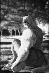  anthro bottomwear clothed clothing cougar echo_(series) echo_project felid feline full-length_portrait fully_clothed fur greyscale looking_back male mammal monochrome muscular muscular_anthro muscular_male outside photo_background photography_(artwork) portrait redraw samuel_ayers shorts solo tail the_smoke_room toragoru white_body white_fur 