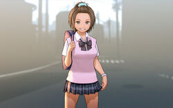  bad_id bad_pixiv_id bag blurry blurry_background bow bracelet brown_eyes brown_hair cowboy_shot female highres jewelry looking_at_viewer original outdoors pink_sweater_vest pleated_skirt rustle school_uniform shirt short_hair short_sleeves skirt smile solo sweater_vest white_shirt 