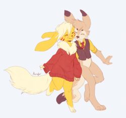  2022 absurd_res anthro big_ears blush canid canine chibi closed_eyes clothed clothing dancing digital_media_(artwork) duo eeveelution female fennec_fox flareon fluffy fluffy_tail formal_wear fox fur generation_1_pokemon hair hand_holding hi_res male mammal markings nintendo open_mouth oversized_clothing oversized_sleeves oversized_sweater oversized_topwear pokemon pokemon_(species) romantic romantic_couple simple_background smile sweater tail tan_body toony topwear true_fox wanderertamplior white_background yellow_body 