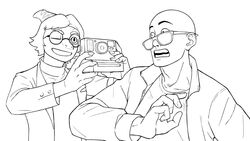  2023 anthro bald benjamin_mcknight black_and_white camera cavemanon_studios clothing dinosaur duo extinct eyewear fingers glasses hadrosaurid hair hi_res human i_wani_hug_that_gator inco_(iwhtg) jacket male mammal monochrome one_eye_closed open_mouth ornithischian ornithopod parasaurolophus prehistoric_species reptile scalie short_hair sunglasses teeth topwear trejoshurtado 