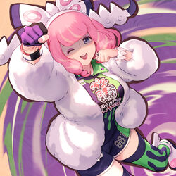  ;d arm_up bow breasts clenched_hand commentary drill_hair female flipped_hair gloves hair_ornament hairband hairbow highres jacket jewelry klara_(pokemon) large_breasts long_sleeves looking_at_viewer makeup mascara medium_breasts mole mole_under_mouth one_eye_closed open_mouth pink_hair pokemon pokemon_swsh print_shirt print_shorts print_thighhighs ring shaded_face shirt short_hair shorts side_slit side_slit_shorts single_glove smile solo thighhighs tukune twin_drills white_bow white_hairband wristband 