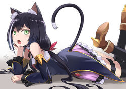  animal_ear_fluff animal_ears bad_id bad_pixiv_id bare_shoulders black_dress black_hair black_thighhighs brown_footwear cat_ears cat_girl cat_tail detached_sleeves dress female frills gold_trim green_eyes head_rest karyl_(princess_connect!) legs_up long_hair long_sleeves looking_at_viewer lying multicolored_hair on_stomach open_mouth photoshop_(medium) princess_connect! shoes simple_background solo streaked_hair sweatdrop tail tail_raised tea_(nakenashi) thigh_strap thighhighs very_long_hair white_background 