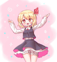  arinu black_skirt black_vest blonde_hair bloomers bright_pupils collared_shirt commentary cowboy_shot earrings female hair_ribbon jewelry long_sleeves looking_at_viewer open_mouth pink_background red_eyes red_ribbon ribbon rumia shirt short_hair skirt solo standing touhou underwear vest white_pupils white_shirt 