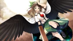  :o akaiha_(akaihasugk) arm_cannon asymmetrical_footwear atom black_footwear bow brown_hair cape cloud collared_shirt control_rod dutch_angle feathered_wings feet_out_of_frame female frills green_bow green_eyes green_skirt hairbow long_hair looking_at_viewer medium_skirt mismatched_footwear nail_polish reiuji_utsuho shirt shoes short_sleeves single_shoe skirt socks solo starry_sky_print sun touhou weapon white_shirt wings 