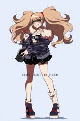  alternate_costume bag black_bag black_choker black_footwear blush casual choker collarbone commentary criis-chan danganronpa:_trigger_happy_havoc danganronpa_(series) duplicate enoshima_junko female full_body fur-trimmed_jacket fur_trim grey_background grin holding jacket long_hair looking_at_viewer loose_socks nail_polish pixel-perfect_duplicate pleated_skirt shoes simple_background skirt smile sneakers socks solo standing tumblr_username twintails white_footwear white_socks 