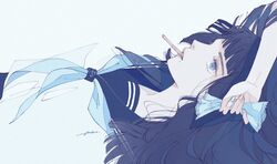  bad_id bad_pixiv_id black_hair blue_eyes canai clenched_hand female food food_wrapper ice_cream long_hair lying mole mole_under_mouth original popsicle_stick profile school_uniform serafuku solo summer 