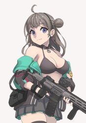  aac_honey_badger ahoge assault_rifle bikini bikini_top_only black_choker black_gloves black_skirt black_thighhighs blue_eyes breasts brown_jacket choker collarbone commission female finger_on_trigger fingerless_gloves girls&#039;_frontline gloves grey_hair gun hair_bun holding holding_gun holding_weapon honey_badger_(girls&#039;_frontline) jacket large_breasts long_hair long_sleeves looking_at_viewer off_shoulder open_clothes open_jacket pixiv_commission pleated_skirt rifle single_hair_bun skirt smile smiley_face solo swimsuit tab_(tabkun) thighhighs weapon 