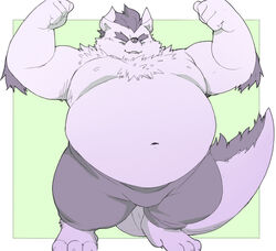  2021 anthro behemoth_(tas) belly bottomwear bulge closed_eyes clothing humanoid_hands inunoshippo kemono lifewonders male moobs navel nipples overweight overweight_anthro overweight_male pants solo tokyo_afterschool_summoners 