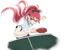  bow commentary_request damenano104 female grin gym_uniform hairbow long_hair mahou_shoujo_madoka_magica mahou_shoujo_madoka_magica_(anime) parody ping_pong_(manga) ponytail red_eyes red_hair sakura_kyoko simple_background smile solo sweat table_tennis white_background 