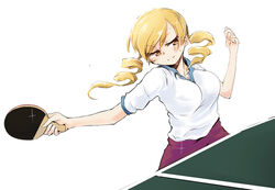  blonde_hair commentary_request damenano104 drill_hair female gym_uniform mahou_shoujo_madoka_magica mahou_shoujo_madoka_magica_(anime) parody ping_pong_(manga) smile solo sweat table_tennis tomoe_mami twin_drills twintails yellow_eyes 