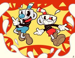  1930s_(style) 2boys brothers cartoonized commentary cuphead cuphead_(game) drinking_straw english_commentary finger_gun gloves grin highres male_focus milk mugman multiple_boys open_mouth pointing pointing_at_viewer shoes shorts siblings smile splashing toon_(style) white_gloves yatsunote 