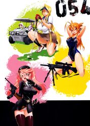  4girls absurdres all-terrain_vehicle ar-10 argo_atv armpits arms_behind_head ball battle_rifle belt belt_buckle bipod black_gloves black_headwear black_jacket black_panties black_thighhighs blue_headwear blue_necktie blue_one-piece_swimsuit blue_trim blush breasts brown_belt brown_eyes brown_skirt buckle canine cleavage collarbone collared_shirt competition_swimsuit cowboy_shot drum_magazine fingerless_gloves full_body glasses gloves golf_bag golf_ball golf_cart golf_club grass gun gun_sling handgun hat highres highschool_of_the_dead holding holding_golf_club holding_gun holding_weapon hole jacket kneeling large_breasts long_sleeves luger_p08 magazine_(weapon) maresato_alice marikawa_shizuka military_jacket military_uniform miyamoto_rei motor_vehicle multicolored_background multiple_girls necktie on_grass one-piece_swimsuit one_eye_closed open_collar open_mouth panties pantyshot photoshop_(medium) pink_hair polo_shirt puppy red_footwear red_gloves rifle rimless_eyewear sam_browne_belt satou_shouji scan shirt shoes short_sleeves skirt sneakers socks splatter_background stencil_lettering striped_clothes striped_panties swimsuit takagi_saya thighhighs twintails two-tone_footwear two-tone_gloves two-tone_panties underwear uniform visor_cap weapon white_footwear white_shirt white_socks zeke_(highschool_of_the_dead) 