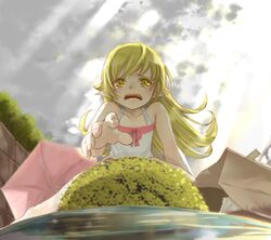  bare_shoulders blonde_hair commentary_request doughnut female food long_hair monogatari_(series) nasuo224 nisemonogatari oshino_shinobu revision solo tears yellow_eyes 