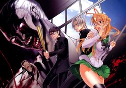  2boys absurdres brown_hair female highres highschool_of_the_dead igou_hisashi komuro_takashi long_hair miyamoto_rei multiple_boys official_art satou_shouji zombie 