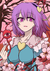  absurdres blouse blue_shirt blush eyeball female flower frilled_shirt_collar frills hair_ornament hairband heart heart_hair_ornament highres komeiji_satori long_sleeves looking_at_viewer pink_background purple_eyes purple_hair ribbon-trimmed_collar ribbon_trim scavia10 shirt short_hair smile solo third_eye touhou upper_body wide_sleeves 