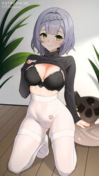  artist_name ass_visible_through_thighs bed_sheet black_bra black_sweater blush bra braid breasts cleavage closed_mouth clothes_lift commentary ett female genshin_impact green_eyes hand_on_own_chest high-waist_pantyhose highres indoors kneeling large_breasts lifted_by_self long_sleeves looking_at_viewer noelle_(genshin_impact) pantyhose paw_print pillow print_legwear short_hair silver_hair skindentation sleeves_past_wrists smile solo sweater sweater_lift thigh_strap underwear white_legwear 