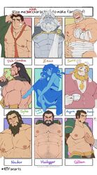  6+boys abs absurdres ancient_greek_clothes asgore_dreemurr bandages bandaid bandaid_on_cheek bandaid_on_face bara bare_pectorals beard beckoning blue_dress blue_sclera blue_skin blush brown_hair bulge bursting_pectorals chest_hair colored_sclera colored_skin commentary cowboy_shot dark-skinned_male dark_skin dick_gumshoe dress english_commentary facial_hair fate/grand_order fate_(series) female final_fantasy final_fantasy_vii fire_emblem fire_emblem:_the_sacred_stones fire_emblem:_three_houses furry furry_male garcia_(fire_emblem) gilliam_(fire_emblem) glensaru grabbing granblue_fantasy greco-roman_clothes groping gyakuten_saiban hairy hand_on_own_hip heart heidegger_(final_fantasy) highres jacket lapis_lazuli_(steven_universe) large_pectorals league_of_legends long_hair mature_male midriff_sarashi monster_boy moustache multiple_boys multiple_drawing_challenge muscular muscular_male nader navel navel_hair necktie nipple_piercing nipple_rings nipples object_behind_ear odd_one_out old old_man open_clothes open_jacket pectoral_cleavage pectoral_grab pectorals pencil piercing pink_shirt sarashi sash scar scar_across_eye scar_on_chest scar_on_face scar_on_nose shirt short_hair shrug_(clothing) sideburns six_fanarts_challenge smile soriz spoken_heart steven_universe stomach stubble sylas_(league_of_legends) underpec undertale white_hair zeus_(fate) 