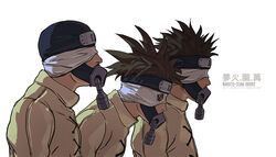  3boys black_eyes brown_hair character_name character_profile fisher903 forehead_protector jumpsuit kagari_(naruto) long_sleeves mask mubi_(naruto) multiple_boys naruto naruto_(series) ninja oboro_(naruto) reference_sheet respirator simple_background spiked_hair white_background white_blindfold yellow_jumpsuit 