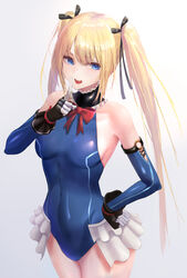  bare_shoulders black_gloves black_ribbon blonde_hair blue_eyes blue_one-piece_swimsuit breasts covered_navel dead_or_alive dead_or_alive_5 detached_sleeves female fingerless_gloves frilled_one-piece_swimsuit frills gloves hair_ornament hand_on_own_hip highres index_finger_raised kaeru_(meriruou) long_hair looking_at_viewer marie_rose marie_rose_(devilish_servant_against_the_splashing_waves) one-piece_swimsuit open_mouth ribbon simple_background small_breasts solo swimsuit twintails white_background x_hair_ornament 