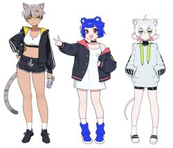  3girls ahoge animal_ear_fluff animal_ears asymmetrical_bangs beer_can bike_shorts black_footwear black_jacket black_shirt black_shorts blue_footwear blue_hair boots breasts can cat_ears cat_girl cat_tail choker cleavage closed_mouth crossed_bangs dark-skinned_female dark_skin dolphin_shorts dress drink_can english_commentary expressionless flat_chest full_body green_eyes grey_hair grin gris_(vertigris) hand_on_own_hip hands_in_pockets highres holding holding_can hood hood_down hooded_jacket hoodie jacket kara_(vertigris) long_sleeves looking_at_viewer medium_breasts midriff mouse_ears mouse_girl mouse_tail multicolored_hair multiple_girls navel oerba_yun_fang off_shoulder open_clothes open_jacket open_mouth original outstretched_arm perl_(vertigris) red_eyes sandals shirt shoes short_hair short_shorts shorts simple_background sleeveless sleeveless_dress small_breasts smile sneakers socks sports_bra standing streaked_hair tail v vertigris white_dress white_hair white_hoodie white_socks white_sports_bra yellow_eyes 