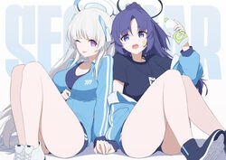  2girls :p ass blue_archive blue_eyes blue_footwear blue_hair blue_track_suit bottle breasts grey_hair gym_shorts halo highres holding holding_bottle holding_hands large_breasts long_hair long_sleeves looking_at_viewer mechanical_halo multiple_girls noa_(blue_archive) official_alternate_costume one_eye_closed open_mouth partially_unzipped purple_eyes shorts thighs tongue tongue_out very_long_hair water_bottle white_footwear white_hair xfate yuuka_(blue_archive) 