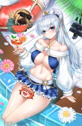  anastasia_(fate) anastasia_(swimsuit_archer)_(fate) anastasia_(swimsuit_archer)_(third_ascension)_(fate) bare_shoulders bikini blue_bikini blue_eyes blue_skirt blush bow breasts casul cleavage collarbone cup doll drinking_glass fate/grand_order fate_(series) female flower food fruit fujimaru_ritsuka_(female) hair_over_one_eye hairbow highres jewelry large_breasts long_hair long_sleeves looking_at_viewer miniskirt navel necklace ponytail puffy_long_sleeves puffy_sleeves sitting skirt soaking_feet swimsuit thighs very_long_hair viy_(fate) water watermelon watermelon_slice white_hair 