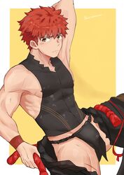  1boy absurdres aussummer bara bare_shoulders black_male_underwear black_pants blush brown_eyes bulge covered_abs covered_navel emiya_shirou fate/grand_order fate_(series) fundoshi highres japanese_clothes male_focus male_underwear muscular muscular_male nipple_slip nipples open_fly open_pants orange_hair pants pectorals senji_muramasa_(fate) senji_muramasa_(second_ascension)_(fate) shirt short_hair sideburns sleeveless sleeveless_shirt solo taut_clothes taut_shirt thick_thighs thighs underwear 