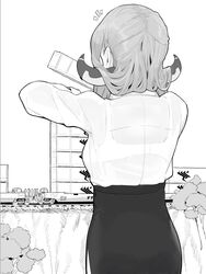  aru_(blue_archive) blue_archive bra bra_visible_through_clothes bralines breasts female greyscale horns hoshiya_takahito long_hair long_sleeves miniature monochrome notice_lines see-through shirt simple_background skirt solo toy_train tree underwear 