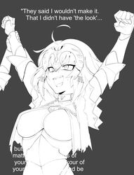  :d absurdres ahoge arms_up chains chuunibyou clenched_hands commentary english_commentary english_text fate/grand_order fate_(series) female gauntlets greyscale headpiece highres jeanne_d&#039;arc_alter_(avenger)_(fate) jeanne_d&#039;arc_alter_(fate) monochrome open_mouth parody photo-referenced sally_(luna-arts) smile teeth victory_pose 