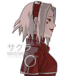  alternate_costume character_name character_profile facepaint facial_mark female fisher903 forehead forehead_mark forehead_protector green_eyes grin kabuki lipstick makeup naruto naruto_(series) ninja open_mouth pink_hair red_shirt reference_sheet sakura_haruno shirt short_hair simple_background smile solo white_background 