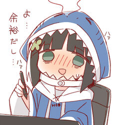  &gt;_&lt; :d ayanepuna black_hair blue_hoodie blush chair cosplay drawstring female gawr_gura gawr_gura_(cosplay) green_eyes holding holding_stylus hololive hololive_english hood hood_up hoodie long_sleeves nose_blush office_chair open_mouth original simple_background smile solo steam stylus swivel_chair translated upper_body white_background wide_sleeves 