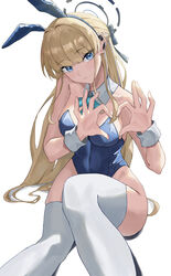  4-fingers_heart_hands absurdres animal_ears aqua_bow aqua_bowtie bare_shoulders blonde_hair blue_archive blue_eyes blue_halo blue_leotard blush bow bowtie braid breasts commentary detached_collar fake_animal_ears feet_out_of_frame female hair_intakes hairbow halo heart heart_hands higashiwun_izumi highres knee_up leotard long_hair looking_at_viewer medium_breasts official_alternate_costume playboy_bunny rabbit_ears simple_background sitting solo strapless strapless_leotard thighhighs toki_(blue_archive) toki_(bunny)_(blue_archive) very_long_hair white_background white_thighhighs wrist_cuffs 