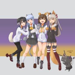  4girls absurdres amatsukaze_(kancolle) animal_ears animal_hands beaver_ears black_hair black_pantyhose blue_hair blue_sailor_collar bow bowtie brown_dress brown_eyes brown_footwear brown_hair cat_ears cat_tail commentary_request dog_ears dog_tail dress dress_shirt full_body garter_straps gloves green_eyes grey_hair grey_neckerchief grey_skirt grey_vest hair_tubes hatsukaze_(kancolle) highres hime_cut kantai_collection loafers long_hair long_sleeves multiple_girls neckerchief open_mouth pantyhose paw_gloves pleated_skirt red_legwear rensouhou-kun round_teeth rudder_footwear sailor_collar sailor_dress school_uniform shirt shoes short_dress short_hair short_hair_with_long_locks sidelocks skirt smokestack_hair_ornament striped_clothes striped_thighhighs tail teeth thighhighs tokitsukaze_(kancolle) two_side_up upper_teeth_only vest white_dress white_sailor_collar yellow_bow yellow_bowtie yellow_neckerchief yukikaze_(kancolle) yuushou 