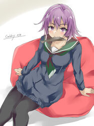  bean_bag_chair black_pantyhose blue_sweater breasts female fish_(food) gakky green_neckerchief green_sailor_collar kantai_collection long_sleeves mouth_hold neckerchief official_alternate_costume one-hour_drawing_challenge pantyhose pink_hair red_eyes sailor_collar school_uniform serafuku short_hair sitting solo sweater tama_(kancolle) tama_(saury_festival)_(kancolle) 