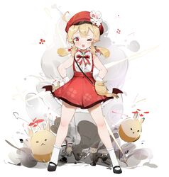  absurdres ahoge bare_shoulders blonde_hair bow bowtie cabbie_hat cherry_hair_ornament dodoco_(genshin_impact) dress explosion female flower food-themed_hair_ornament full_body genshin_impact gloves hair_between_eyes hair_ornament hand_on_own_hip hat hat_flower highres jumpy_dumpty klee_(genshin_impact) kneehighs lolicon one_eye_closed open_mouth pointy_ears red_dress red_eyes sidelocks socks solo spread_legs standing teeth upper_teeth_only white_gloves yellow_pupils yztp_(sanmery) 