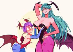  2girls animal_print artist_name bare_shoulders bat_print bat_wings blush breasts bridal_gauntlets cleavage commentary demon_girl english_commentary flat_chest gloves green_hair head_wings leotard lilith_aensland long_hair looking_at_viewer morrigan_aensland multiple_girls pantyhose patreon_username print_pantyhose purple_hair red_leotard short_hair siblings sisters smile snegovski sweat vampire_(game) watermark wings 